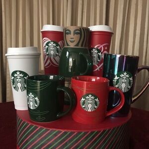 Starbucks Mugs cups Red green white Holiday colors 7 cups